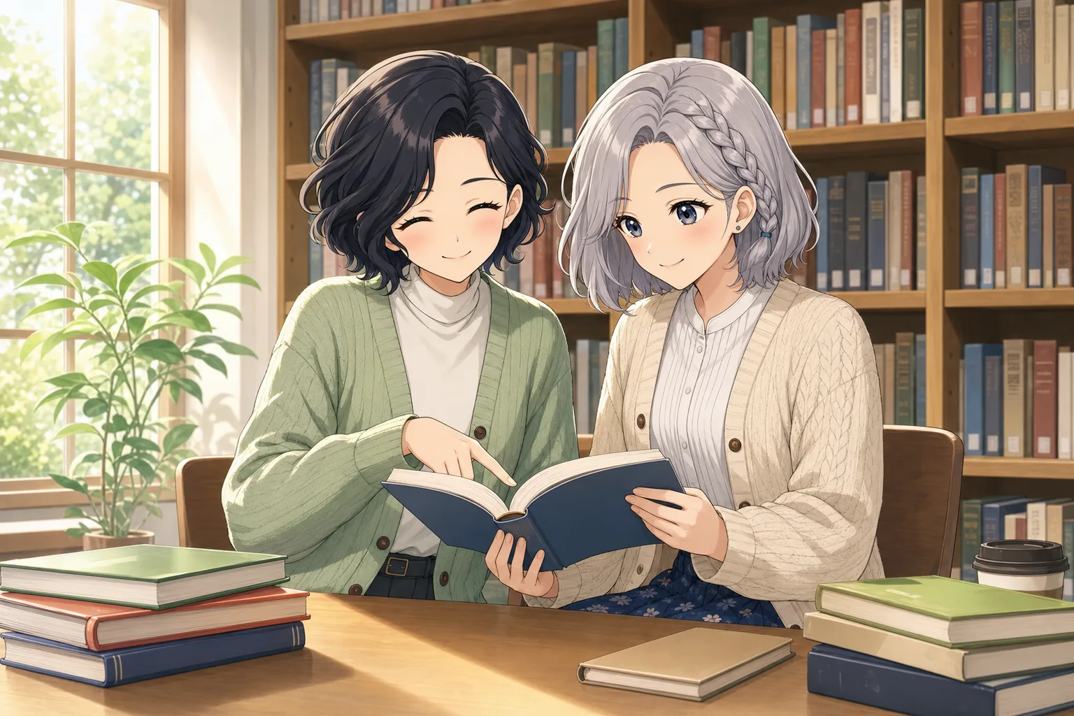 六角いずみ先生、白銀エマが図書室で読書会を楽しむ様子