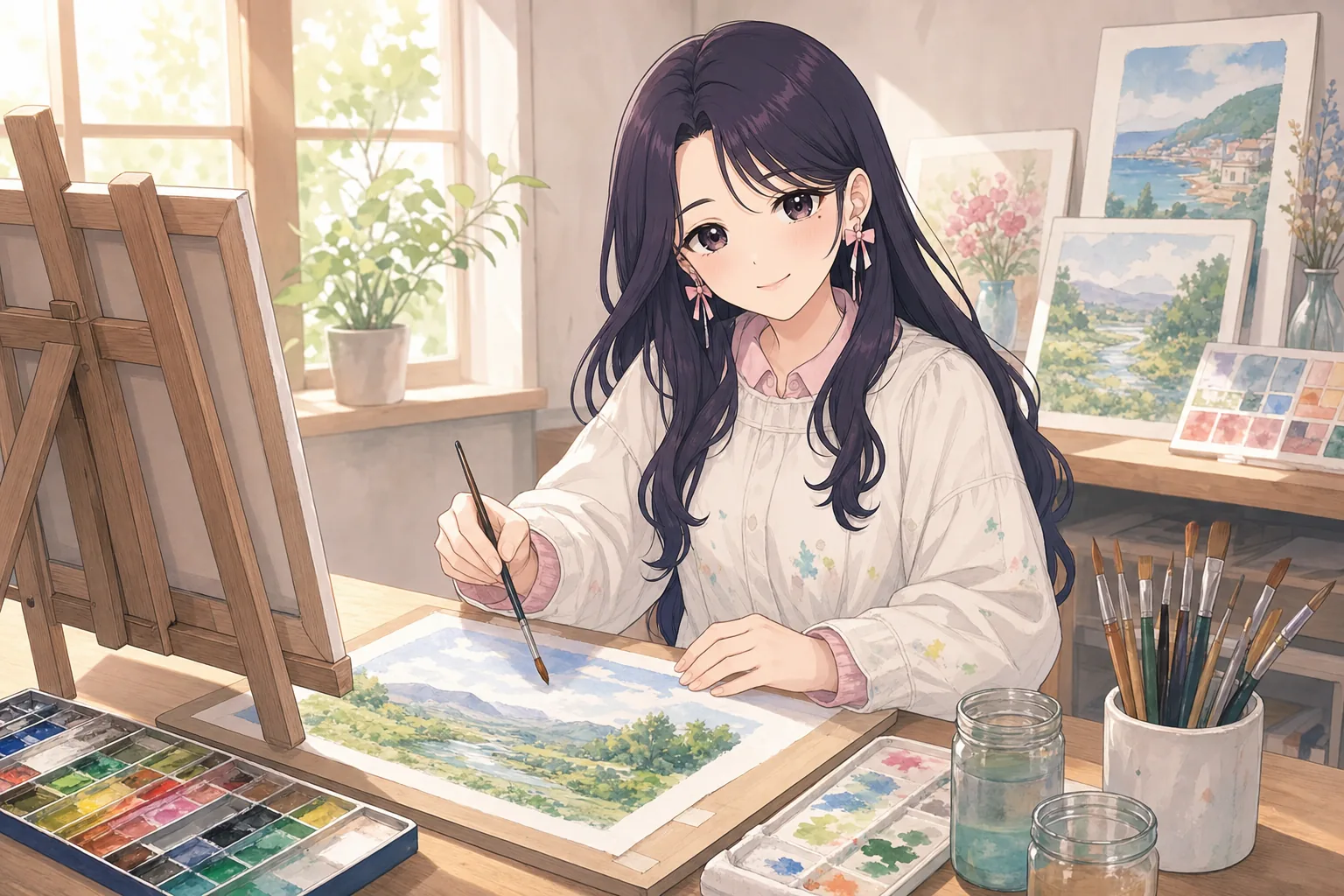 紫藤ゆらが美術室で水彩画を楽しむ様子