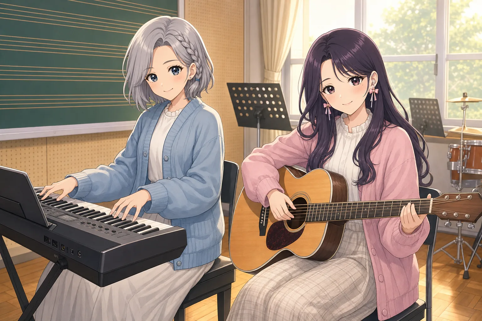 白銀エマ、紫藤ゆらが音楽室でセッションを楽しむ様子