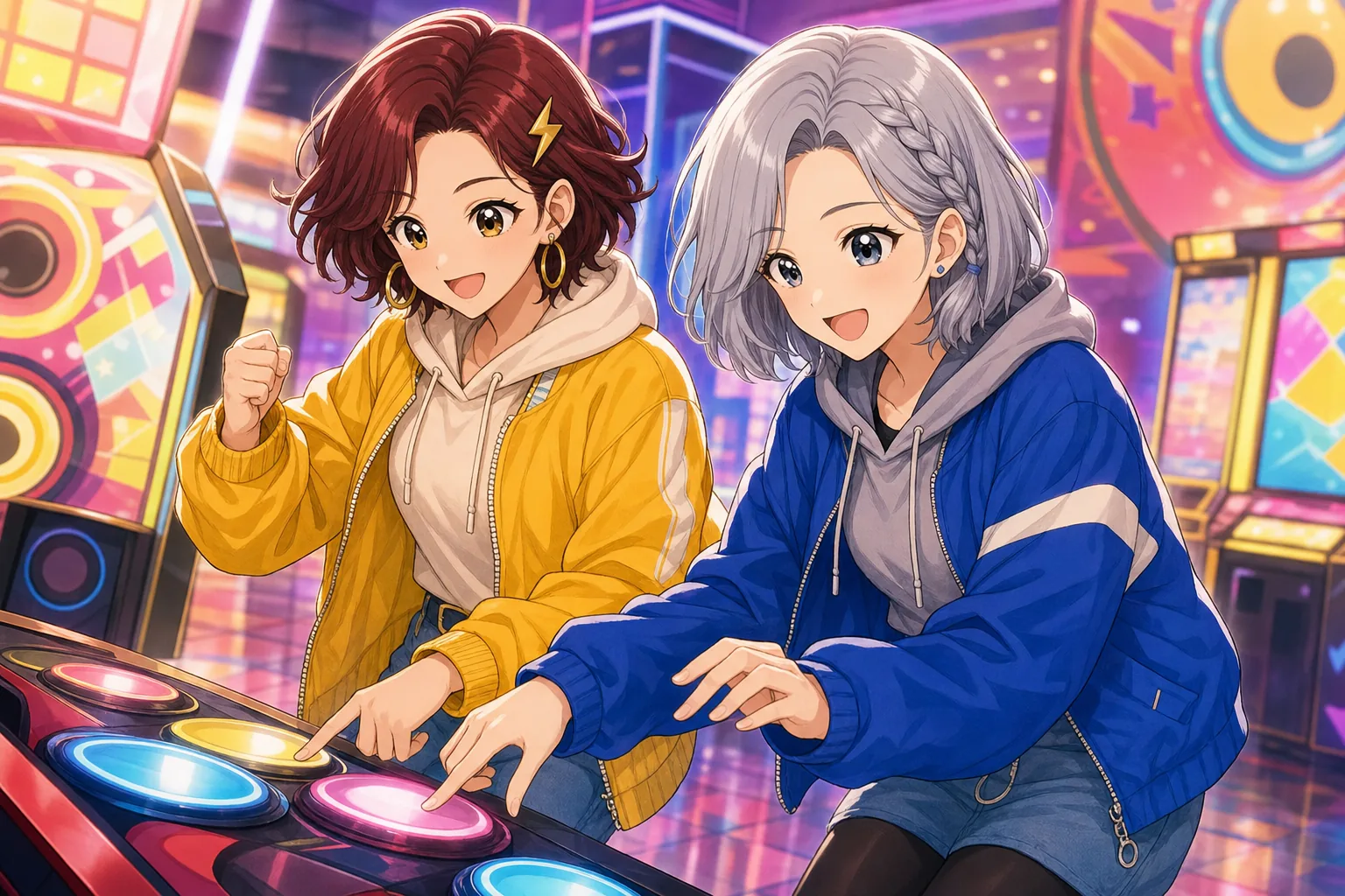 雷門あかり、白銀エマがゲームセンターで協力プレイを楽しむ様子