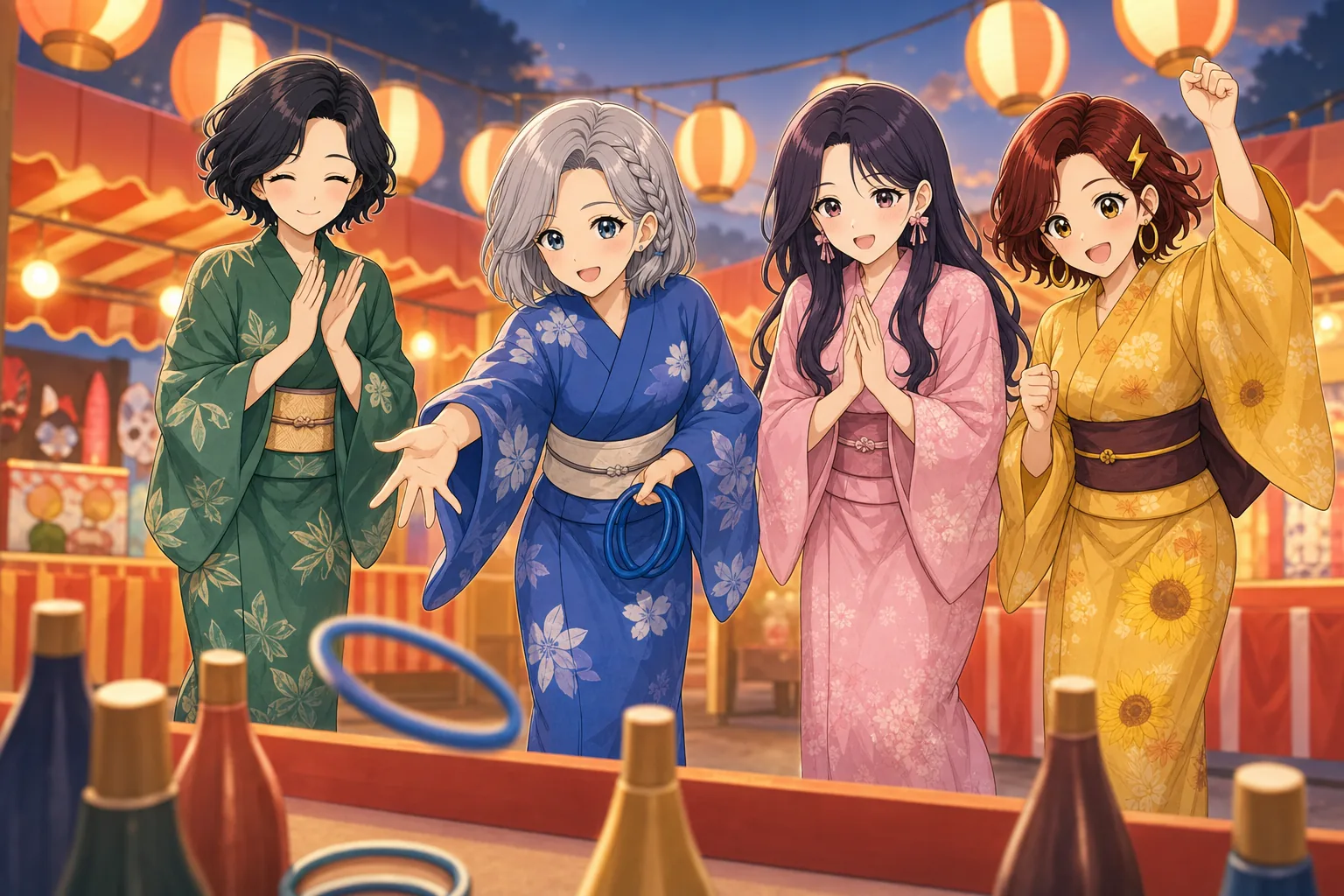 六角いずみ先生、白銀エマ、紫藤ゆら、雷門あかりが夏祭りで輪投げを楽しむ様子