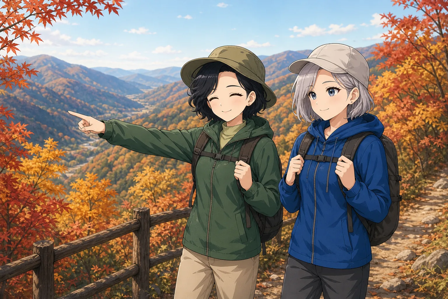 六角いずみ先生、白銀エマが紅葉の山をハイキングを楽しむ様子