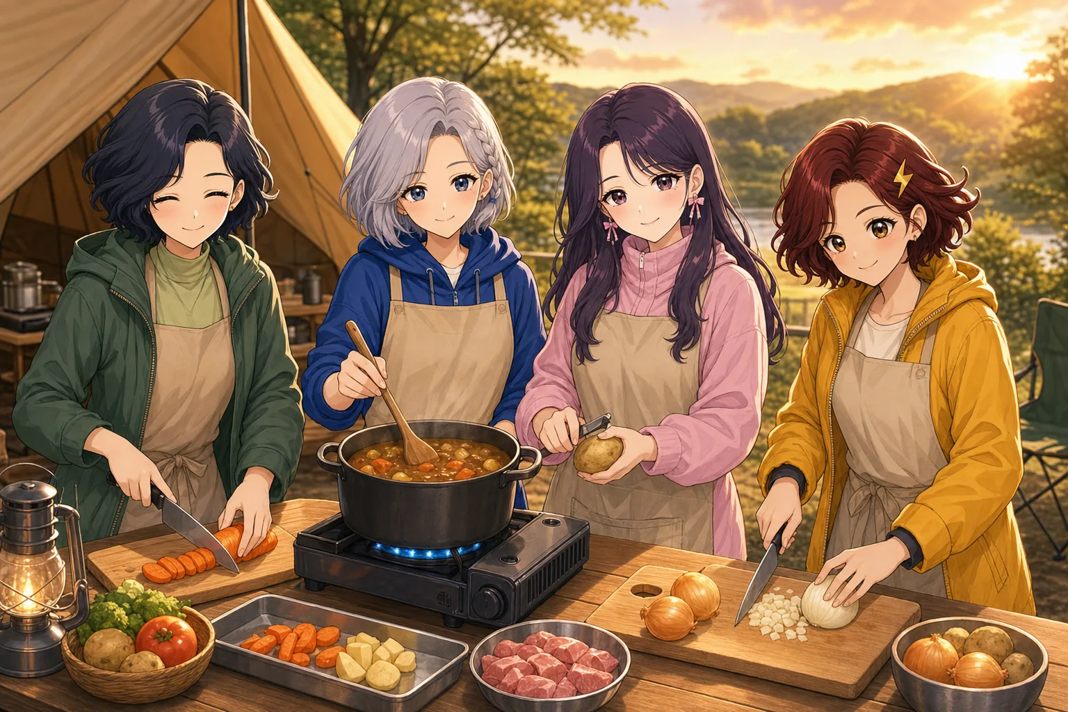 六角いずみ先生、白銀エマ、紫藤ゆら、雷門あかりがキャンプでカレー作りを楽しむ様子