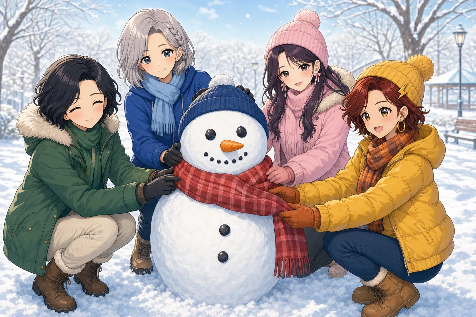 六角いずみ先生、白銀エマ、紫藤ゆら、雷門あかりが雪だるま作りを楽しむ様子