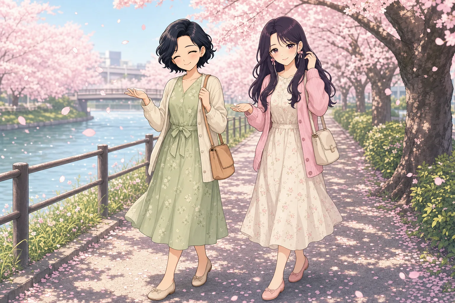 六角いずみ先生、紫藤ゆらが桜並木をお散歩を楽しむ様子