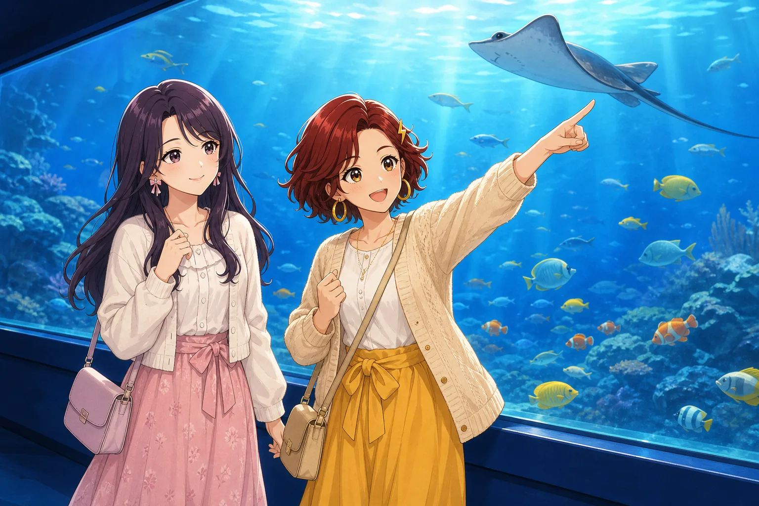 紫藤ゆら、雷門あかりが水族館で大水槽を鑑賞を楽しむ様子