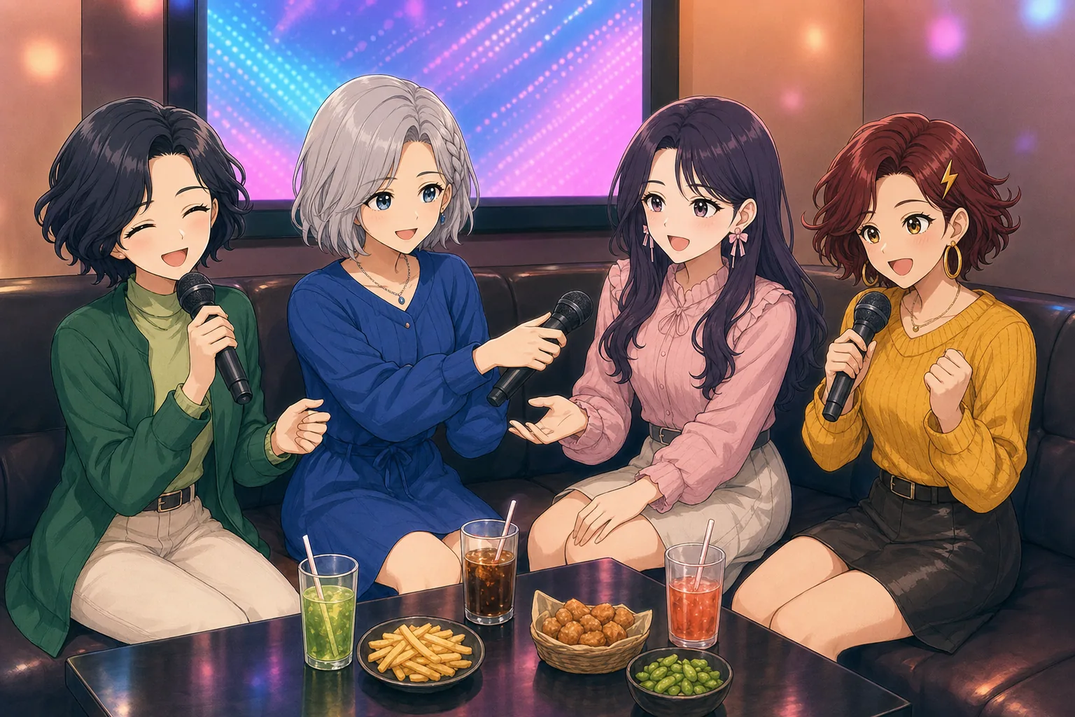 六角いずみ先生、白銀エマ、紫藤ゆら、雷門あかりがカラオケで歌うを楽しむ様子