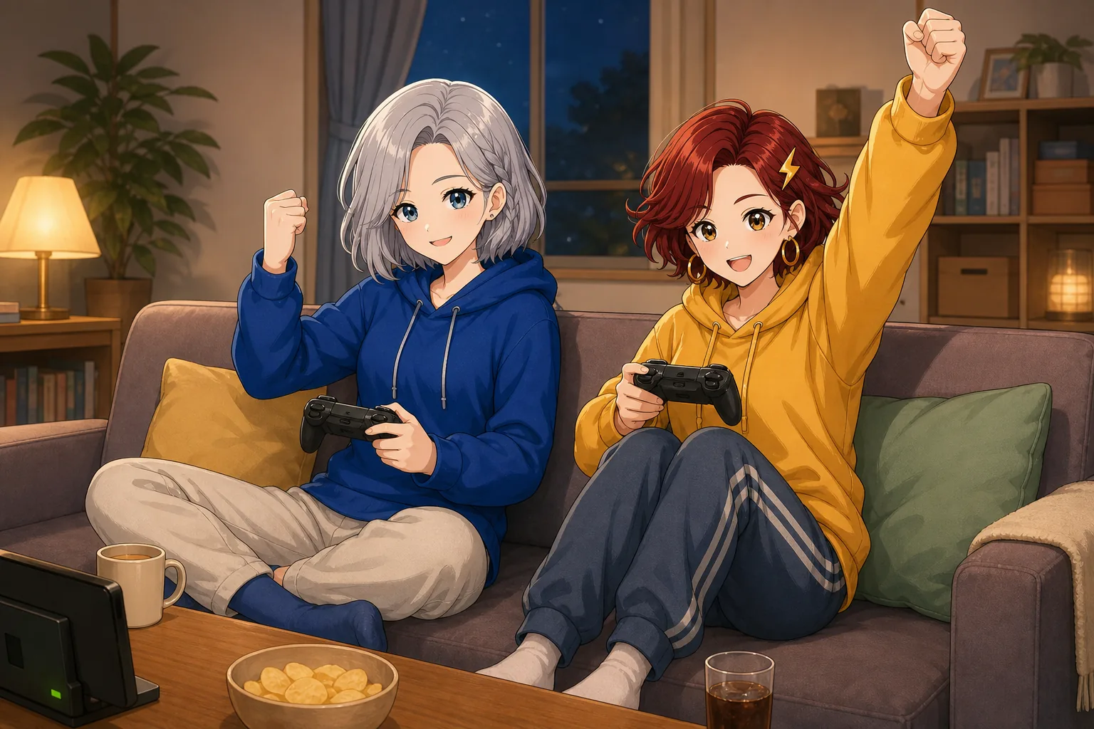 白銀エマ、雷門あかりが部室で協力ゲームを楽しむ様子