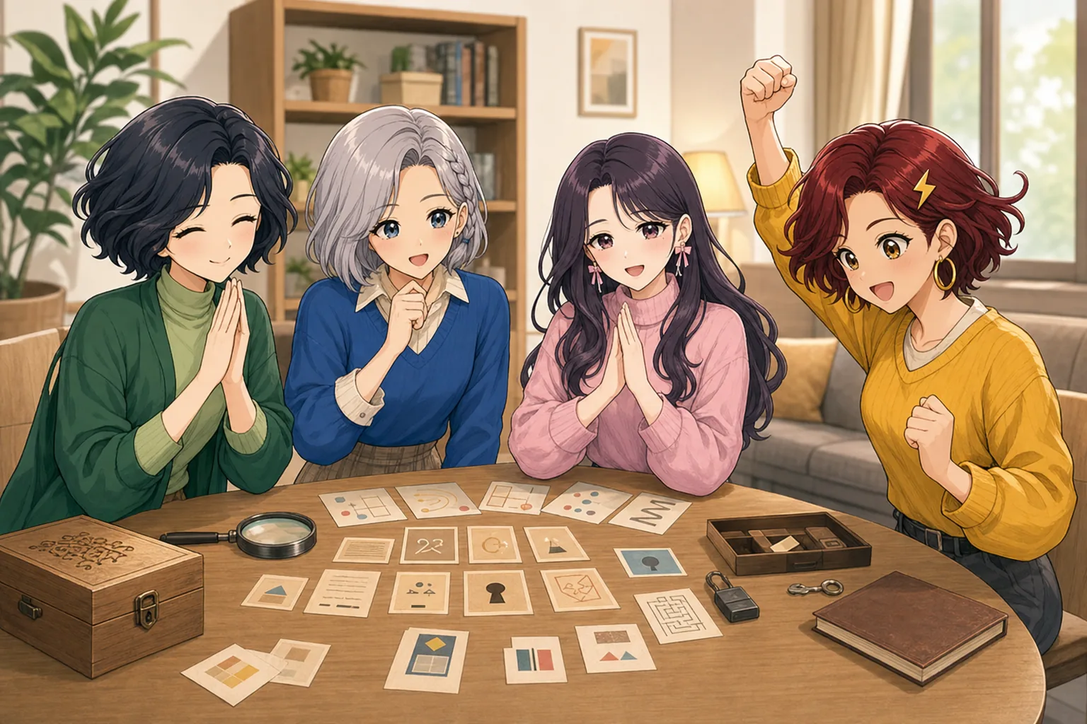六角いずみ先生、白銀エマ、紫藤ゆら、雷門あかりがテーブル謎解きゲームを楽しむ様子