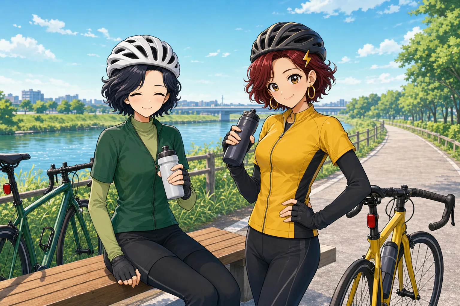 六角いずみ先生、雷門あかりが川沿いをサイクリングを楽しむ様子