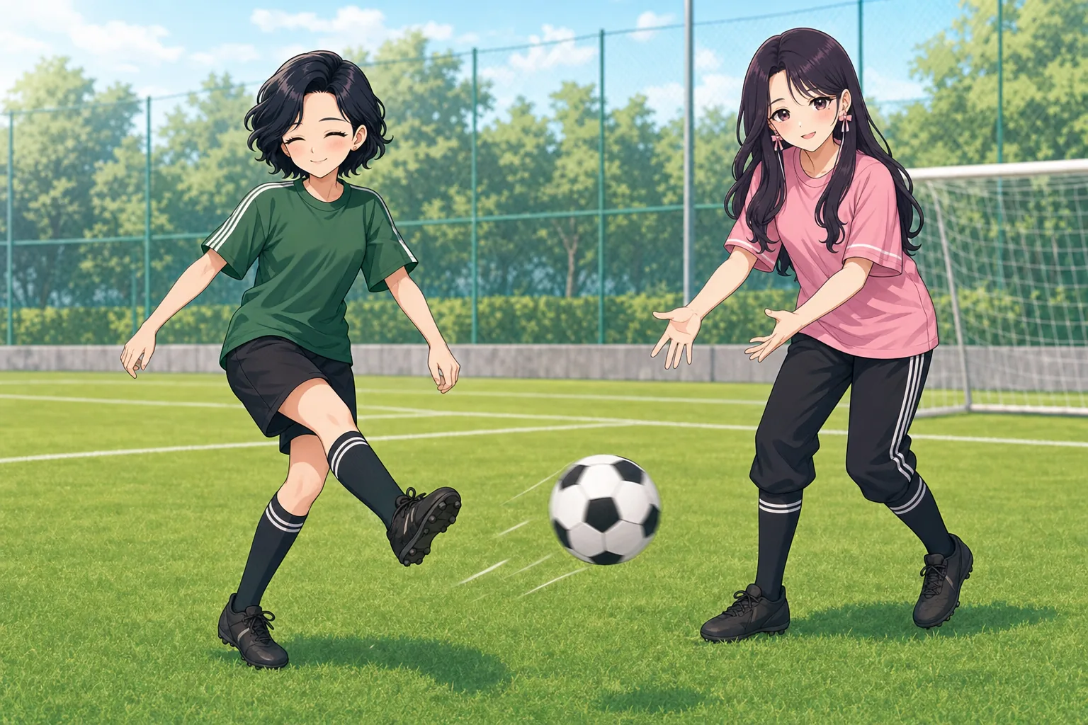 六角いずみ先生、紫藤ゆらがグラウンドでサッカー練習を楽しむ様子