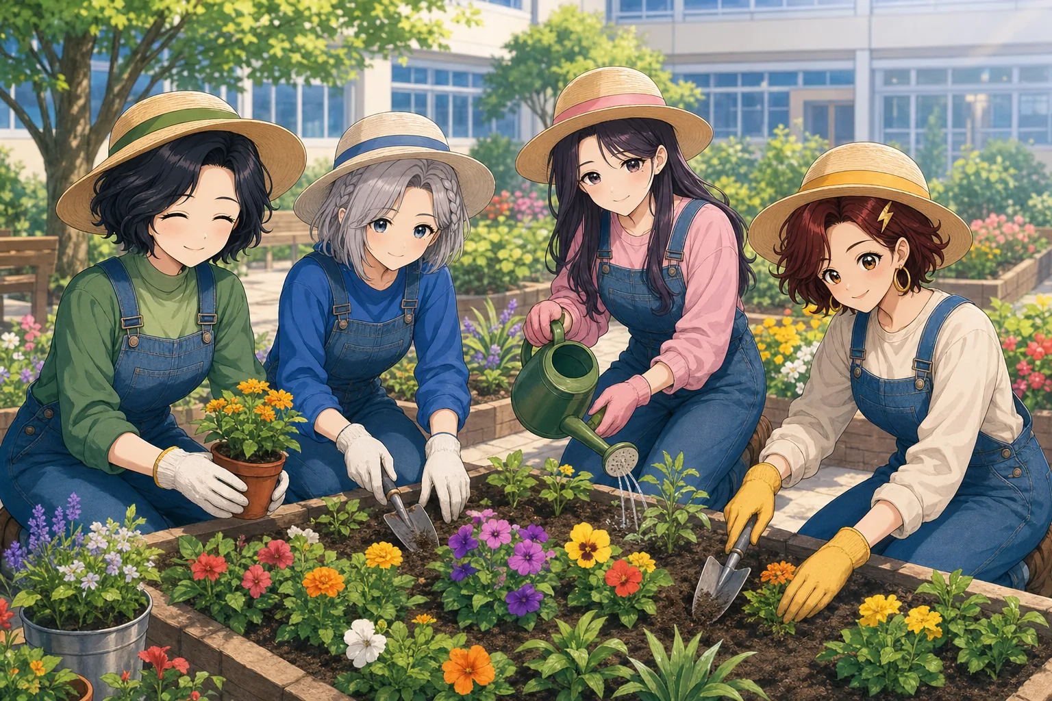 六角いずみ先生、白銀エマ、紫藤ゆら、雷門あかりが校庭のガーデニングを楽しむ様子